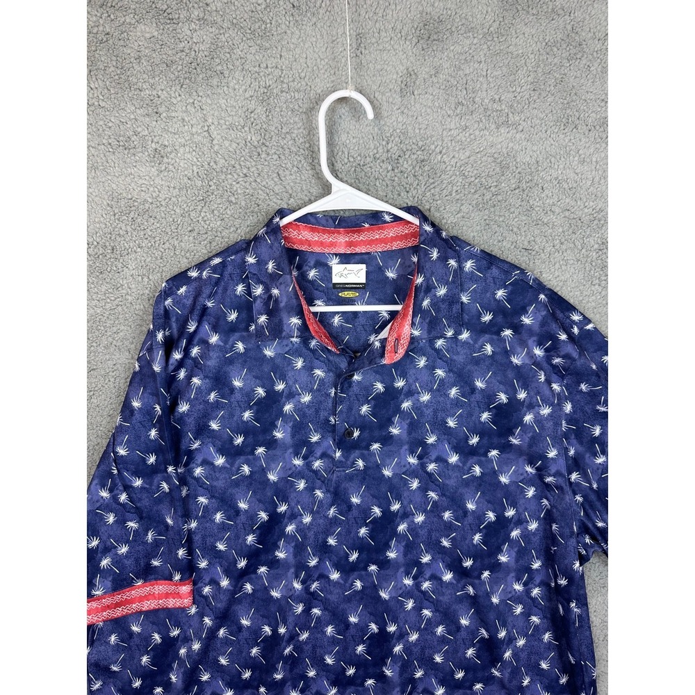 Greg Norman Mens L Golf Polo Shirt Short Sleeve Palm Tree Pattern Navy Blue Nice